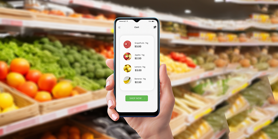 a smarpthone displaying a shopping app in the grocery section of a supermarket.